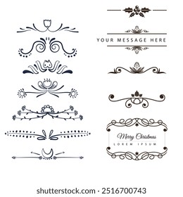 Hand drawn ornamental winter dividers. Snowflakes borders, Christmas holiday decor and floral ornate dividers. Ornamental wedding or Xmas card floral frames separators. Isolated vector symbols set