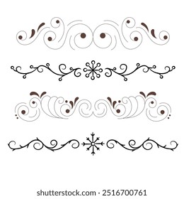 Divisores ornamentais desenhados à mão. Bordas de flocos de neve, decoração de Natal e divisores ornamentados florais. Separadores de quadros florais de casamento ornamental ou cartão de Natal. Conjunto de símbolos vetoriais isolados