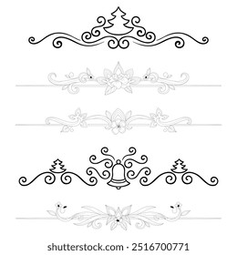 Hand drawn ornamental winter dividers. Snowflakes borders, Christmas holiday decor and floral ornate dividers. Ornamental wedding or Xmas card floral frames separators. Isolated vector symbols set