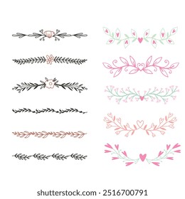 Hand drawn ornamental winter dividers. Snowflakes borders, Christmas holiday decor and floral ornate dividers. Ornamental wedding or Xmas card floral frames separators. Isolated vector symbols set