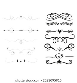 Hand drawn ornamental winter dividers. Snowflakes borders, Christmas holiday decor and floral ornate dividers. Ornamental wedding or Xmas card floral frames separators. Isolated vector symbols set