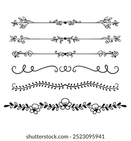 Hand drawn ornamental winter dividers. Snowflakes borders, Christmas holiday decor and floral ornate dividers. Ornamental wedding or Xmas card floral frames separators. Isolated vector symbols set