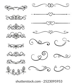 Hand drawn ornamental winter dividers. Snowflakes borders, Christmas holiday decor and floral ornate dividers. Ornamental wedding or Xmas card floral frames separators. Isolated vector symbols set