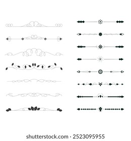 Hand drawn ornamental winter dividers. Snowflakes borders, Christmas holiday decor and floral ornate dividers. Ornamental wedding or Xmas card floral frames separators. Isolated vector symbols set