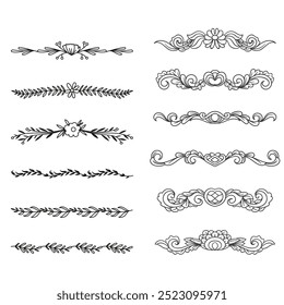 Divisores ornamentais desenhados à mão. Bordas de flocos de neve, decoração de Natal e divisores ornamentados florais. Separadores de quadros florais de casamento ornamental ou cartão de Natal. Conjunto de símbolos vetoriais isolados