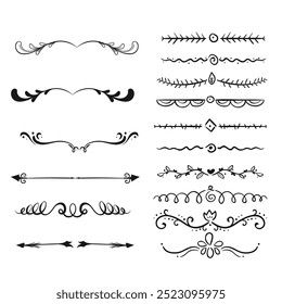 Hand drawn ornamental winter dividers. Snowflakes borders, Christmas holiday decor and floral ornate dividers. Ornamental wedding or Xmas card floral frames separators. Isolated vector symbols set