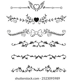 Hand drawn ornamental winter dividers. Snowflakes borders, Christmas holiday decor and floral ornate dividers. Ornamental wedding or Xmas card floral frames separators. Isolated vector symbols set