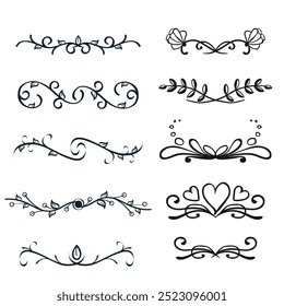 Hand drawn ornamental winter dividers. Snowflakes borders, Christmas holiday decor and floral ornate dividers. Ornamental wedding or Xmas card floral frames separators. Isolated vector symbols set