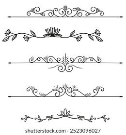 Hand drawn ornamental winter dividers. Snowflakes borders, Christmas holiday decor and floral ornate dividers. Ornamental wedding or Xmas card floral frames separators. Isolated vector symbols set