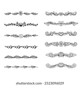 Hand drawn ornamental winter dividers. Snowflakes borders, Christmas holiday decor and floral ornate dividers. Ornamental wedding or Xmas card floral frames separators. Isolated vector symbols set