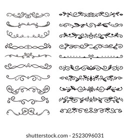 Hand drawn ornamental winter dividers. Snowflakes borders, Christmas holiday decor and floral ornate dividers. Ornamental wedding or Xmas card floral frames separators. Isolated vector symbols set