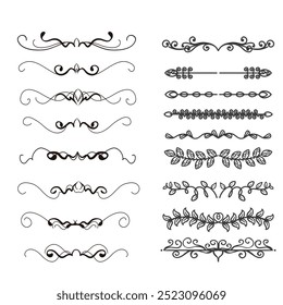 Hand drawn ornamental winter dividers. Snowflakes borders, Christmas holiday decor and floral ornate dividers. Ornamental wedding or Xmas card floral frames separators. Isolated vector symbols set