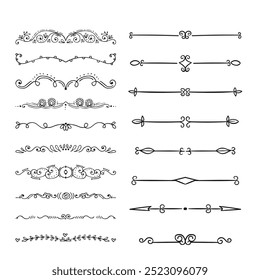 Hand drawn ornamental winter dividers. Snowflakes borders, Christmas holiday decor and floral ornate dividers. Ornamental wedding or Xmas card floral frames separators. Isolated vector symbols set