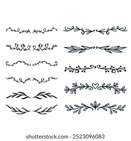 Hand drawn ornamental winter dividers. Snowflakes borders, Christmas holiday decor and floral ornate dividers. Ornamental wedding or Xmas card floral frames separators. Isolated vector symbols set