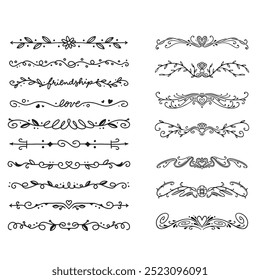 Hand drawn ornamental winter dividers. Snowflakes borders, Christmas holiday decor and floral ornate dividers. Ornamental wedding or Xmas card floral frames separators. Isolated vector symbols set
