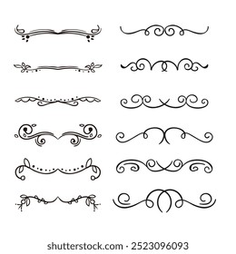 Hand drawn ornamental winter dividers. Snowflakes borders, Christmas holiday decor and floral ornate dividers. Ornamental wedding or Xmas card floral frames separators. Isolated vector symbols set
