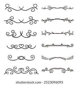 Hand drawn ornamental winter dividers. Snowflakes borders, Christmas holiday decor and floral ornate dividers. Ornamental wedding or Xmas card floral frames separators. Isolated vector symbols set