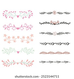 Hand drawn ornamental winter dividers. Snowflakes borders, Christmas holiday decor and floral ornate dividers. Ornamental wedding or Xmas card floral frames separators. Isolated vector symbols set