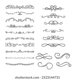 Hand drawn ornamental winter dividers. Snowflakes borders, Christmas holiday decor and floral ornate dividers. Ornamental wedding or Xmas card floral frames separators. Isolated vector symbols set