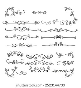 Hand drawn ornamental winter dividers. Snowflakes borders, Christmas holiday decor and floral ornate dividers. Ornamental wedding or Xmas card floral frames separators. Isolated vector symbols set