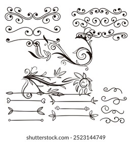 Hand drawn ornamental winter dividers. Snowflakes borders, Christmas holiday decor and floral ornate dividers. Ornamental wedding or Xmas card floral frames separators. Isolated vector symbols set