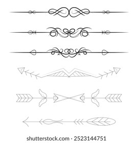 Hand drawn ornamental winter dividers. Snowflakes borders, Christmas holiday decor and floral ornate dividers. Ornamental wedding or Xmas card floral frames separators. Isolated vector symbols set
