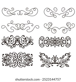 Hand drawn ornamental winter dividers. Snowflakes borders, Christmas holiday decor and floral ornate dividers. Ornamental wedding or Xmas card floral frames separators. Isolated vector symbols set