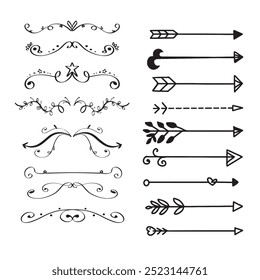 Hand drawn ornamental winter dividers. Snowflakes borders, Christmas holiday decor and floral ornate dividers. Ornamental wedding or Xmas card floral frames separators. Isolated vector symbols set