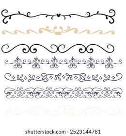 Hand drawn ornamental winter dividers. Snowflakes borders, Christmas holiday decor and floral ornate dividers. Ornamental wedding or Xmas card floral frames separators. Isolated vector symbols set