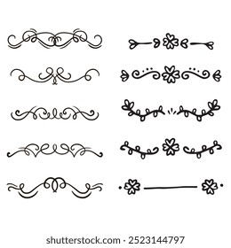 Hand drawn ornamental winter dividers. Snowflakes borders, Christmas holiday decor and floral ornate dividers. Ornamental wedding or Xmas card floral frames separators. Isolated vector symbols set