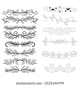 Hand drawn ornamental winter dividers. Snowflakes borders, Christmas holiday decor and floral ornate dividers. Ornamental wedding or Xmas card floral frames separators. Isolated vector symbols set