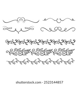 Hand drawn ornamental winter dividers. Snowflakes borders, Christmas holiday decor and floral ornate dividers. Ornamental wedding or Xmas card floral frames separators. Isolated vector symbols set