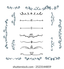 Hand drawn ornamental winter dividers. Snowflakes borders, Christmas holiday decor and floral ornate dividers. Ornamental wedding or Xmas card floral frames separators. Isolated vector symbols set