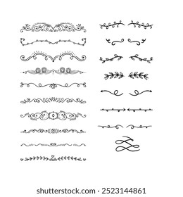 Hand drawn ornamental winter dividers. Snowflakes borders, Christmas holiday decor and floral ornate dividers. Ornamental wedding or Xmas card floral frames separators. Isolated vector symbols set