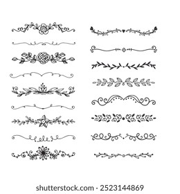 Hand drawn ornamental winter dividers. Snowflakes borders, Christmas holiday decor and floral ornate dividers. Ornamental wedding or Xmas card floral frames separators. Isolated vector symbols set