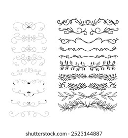 Hand drawn ornamental winter dividers. Snowflakes borders, Christmas holiday decor and floral ornate dividers. Ornamental wedding or Xmas card floral frames separators. Isolated vector symbols set