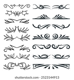 Hand drawn ornamental winter dividers. Snowflakes borders, Christmas holiday decor and floral ornate dividers. Ornamental wedding or Xmas card floral frames separators. Isolated vector symbols set