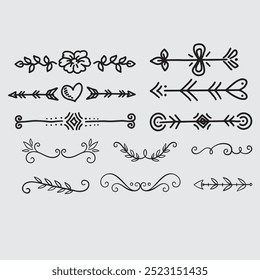 Hand drawn ornamental winter dividers. Snowflakes borders, Christmas holiday decor and floral ornate dividers. Ornamental wedding or Xmas card floral frames separators. Isolated vector symbols set