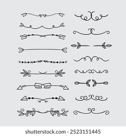 Hand drawn ornamental winter dividers. Snowflakes borders, Christmas holiday decor and floral ornate dividers. Ornamental wedding or Xmas card floral frames separators. Isolated vector symbols set