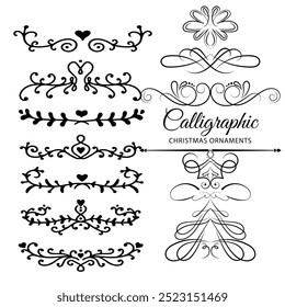 Hand drawn ornamental winter dividers. Snowflakes borders, Christmas holiday decor and floral ornate dividers. Ornamental wedding or Xmas card floral frames separators. Isolated vector symbols set