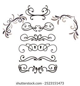 Hand drawn ornamental winter dividers. Snowflakes borders, Christmas holiday decor and floral ornate dividers. Ornamental wedding or Xmas card floral frames separators. Isolated vector symbols set