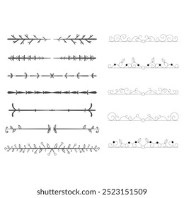 Hand drawn ornamental winter dividers. Snowflakes borders, Christmas holiday decor and floral ornate dividers. Ornamental wedding or Xmas card floral frames separators. Isolated vector symbols set