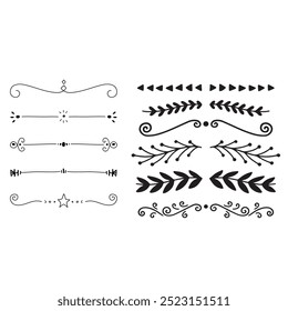 Hand drawn ornamental winter dividers. Snowflakes borders, Christmas holiday decor and floral ornate dividers. Ornamental wedding or Xmas card floral frames separators. Isolated vector symbols set