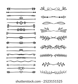 Hand drawn ornamental winter dividers. Snowflakes borders, Christmas holiday decor and floral ornate dividers. Ornamental wedding or Xmas card floral frames separators. Isolated vector symbols set