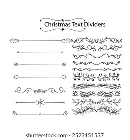 Hand drawn ornamental winter dividers. Snowflakes borders, Christmas holiday decor and floral ornate dividers. Ornamental wedding or Xmas card floral frames separators. Isolated vector symbols set