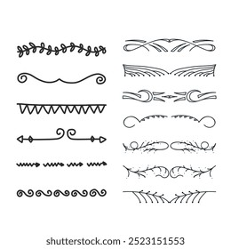 Hand drawn ornamental winter dividers. Snowflakes borders, Christmas holiday decor and floral ornate dividers. Ornamental wedding or Xmas card floral frames separators. Isolated vector symbols set