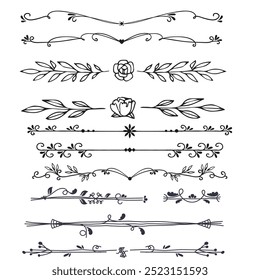 Hand drawn ornamental winter dividers. Snowflakes borders, Christmas holiday decor and floral ornate dividers. Ornamental wedding or Xmas card floral frames separators. Isolated vector symbols set