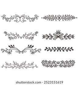 Hand drawn ornamental winter dividers. Snowflakes borders, Christmas holiday decor and floral ornate dividers. Ornamental wedding or Xmas card floral frames separators. Isolated vector symbols set