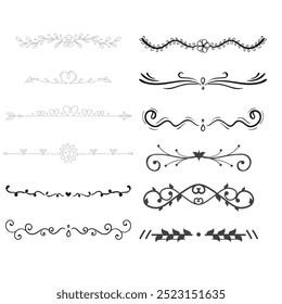 Hand drawn ornamental winter dividers. Snowflakes borders, Christmas holiday decor and floral ornate dividers. Ornamental wedding or Xmas card floral frames separators. Isolated vector symbols set