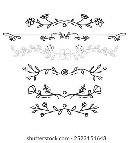 Hand drawn ornamental winter dividers. Snowflakes borders, Christmas holiday decor and floral ornate dividers. Ornamental wedding or Xmas card floral frames separators. Isolated vector symbols set